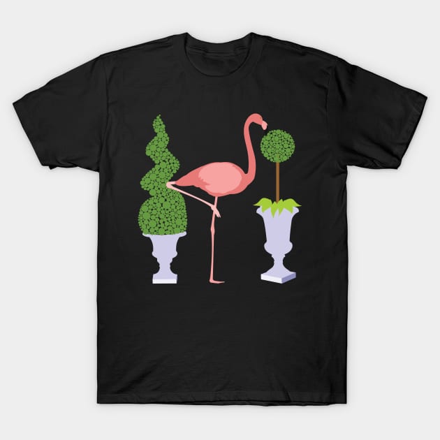 Pink Flamingo and Topiary Garden T-Shirt by evisionarts